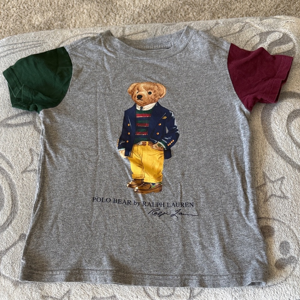 Ralph Lauren Gray Tee with Green & Burgundy Sleeves and Polo Bear Graphic